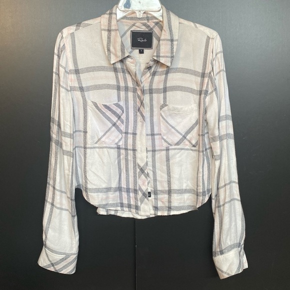 Rails Hunter Cabincore Plaid L/S Button Down Cream Pink Gray Crop Flannel SMALL - Picture 1 of 8